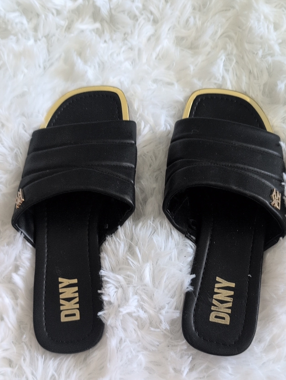 DKNY Black Slide Mules with Gold Accents